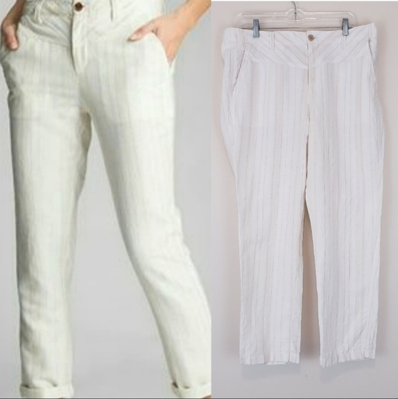 GAP White‎ Linen Pants Gold Stripe Girlfriend Chino Pants Size 12 Straight. - Picture 1 of 15